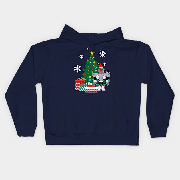 Teen Titans Cyborg Around The Christmas Tree Kids Hoodie by Nova5